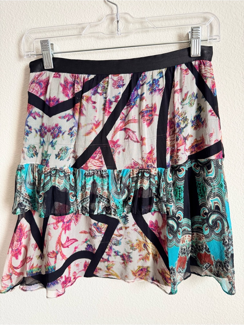 Artelier Nicole Miller Silk Skirt S, Mixed Print Tiered Design